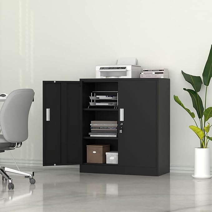 Metal Storage Cabinet with Locking Doors and 2 Adjustable Shelves, Small Lockable Steel Storage Cabinets for Home Office Garage Kitchen Pantry (Black)