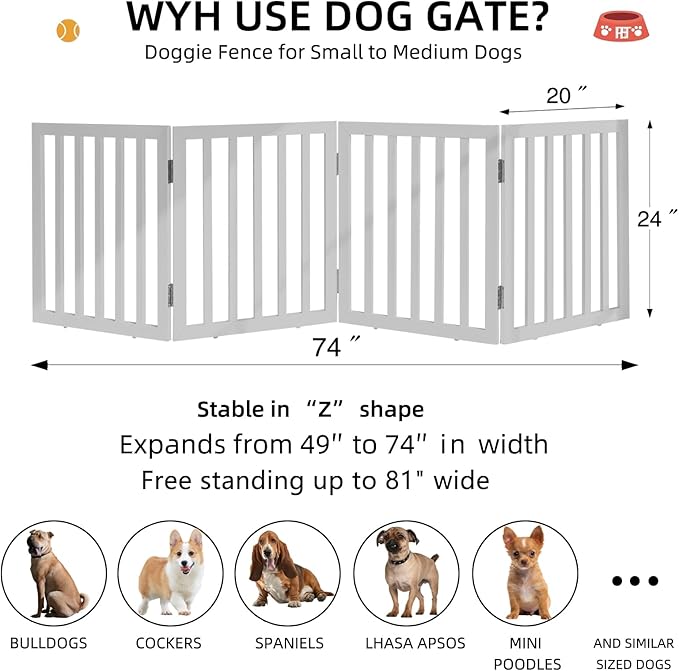 ZJSF Freestanding Indoor Dog Gate for House Foldable Wood White Puppy Gate for Doorways Pet Gate for Stairs Extra Wide Pet Fence 24" Height 4 Panels