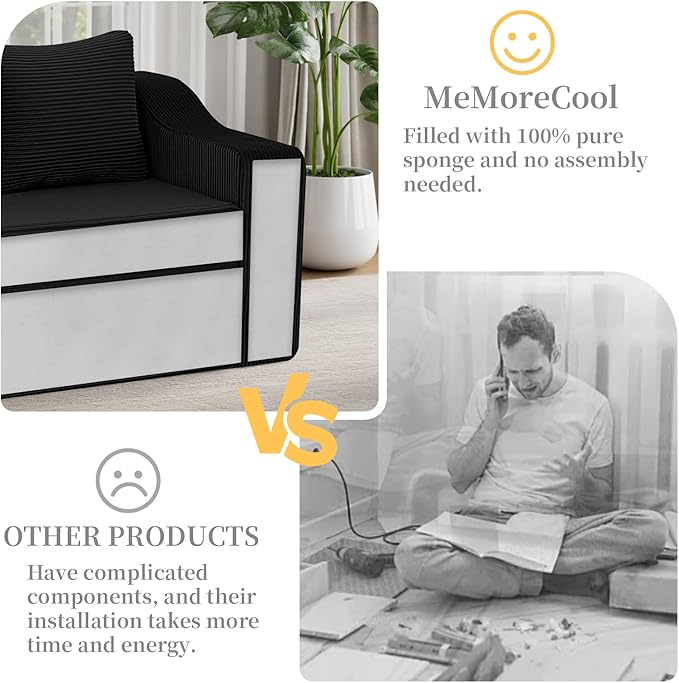 MeMoreCool Convertible Sofa Bed, Pull Out Loveseat Sofa Sleeper Couch for Bedroom Living Room Lounge, 2 in 1 Small Couch Bed with Pillow, Foldable Love Seat Futon Corduroy Black