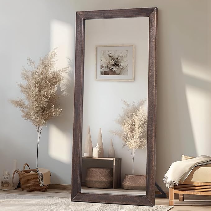 MELOMOIR 71"x32" Rustic Farmhouse Full Length Mirror with Wood Frame, Free Standing Leaning or Hanging, Suitable for Bedroom Living Room Home Gym Cloakroom, Charcoal-Grilled Brown