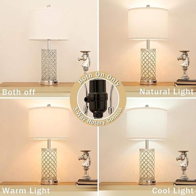 Crystal Table Lamps Set of 2, 3-Way Dimmable Bedside Lamp with 2 USB Ports & AC Outlets for Living Room Bedroom Nightstand Lamp Night Light (Silver- 2 Pack 24In)