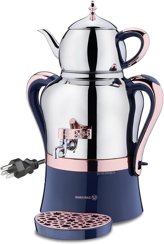Korkmaz Hanedan A843-04 Stainless Steel Samovar, Upper Pot 1.3 L (43.9 Oz), Bottom Pot 3.5 L(118.3 Oz) Electric Turkish Tea Maker Set, Double Pots Tea Machine, Inox, Rosegold, 110 V US Plug, 5.1-Quart
