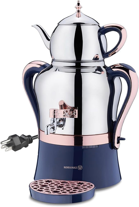 Korkmaz Hanedan A843-04 Stainless Steel Samovar, Upper Pot 1.3 L (43.9 Oz), Bottom Pot 3.5 L(118.3 Oz) Electric Turkish Tea Maker Set, Double Pots Tea Machine, Inox, Rosegold, 110 V US Plug, 5.1-Quart