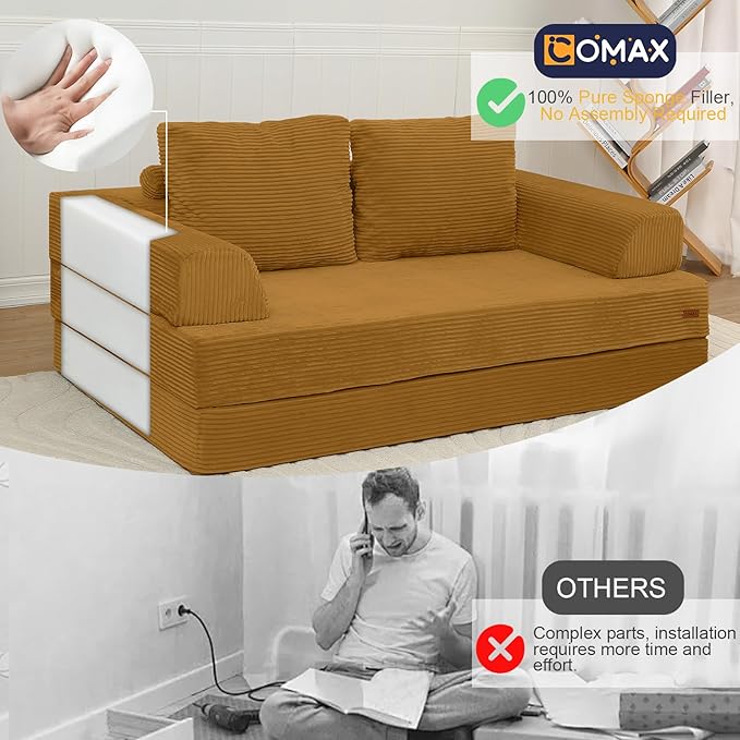 COMAX Convertible Sofa Bed, Folding Floor Couch Corduroy Fold Out Couch Bed Futon Sleeper Mattress with Pillows, Boneless Sofa Comfy Lounge Loveseat for Living Room Bedroom, Yellow