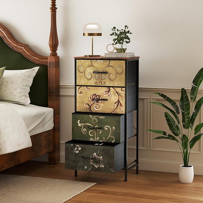 DUMOS Nightstand with 4 Drawers Bedside Table with Removable Fabric Bins Sturdy Steel Frame Wood Top Organizer Furniture for Bedroom Closet Living Room,Floral Painted