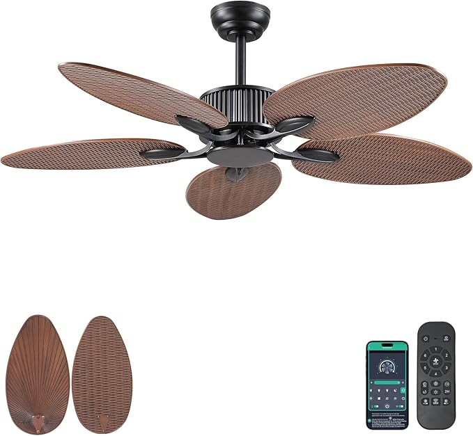 50 Inch Tropical Ceiling Fan no Light, Outdoor Waterproof Palm Leaf Ceiling Fans for Patios Porches, Remote +APP Control, Wet Rated, 6 Speeds, Quiet, Brown