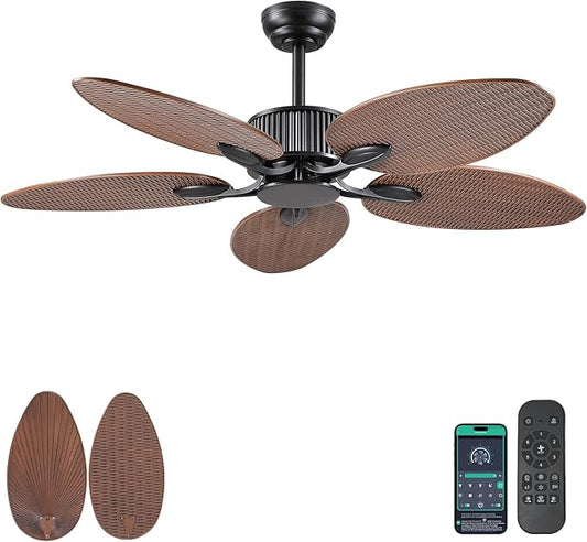50 Inch Tropical Ceiling Fan no Light, Outdoor Waterproof Palm Leaf Ceiling Fans for Patios Porches, Remote +APP Control, Wet Rated, 6 Speeds, Quiet, Brown