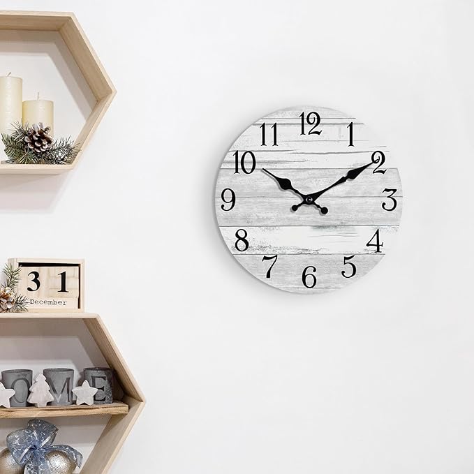 Wall Clock Battery Operated 8 Inch Gray Silent Non Ticking Country Rustic Design Vintage Retro Decorative for Bathroom Kitchen Bedroom
