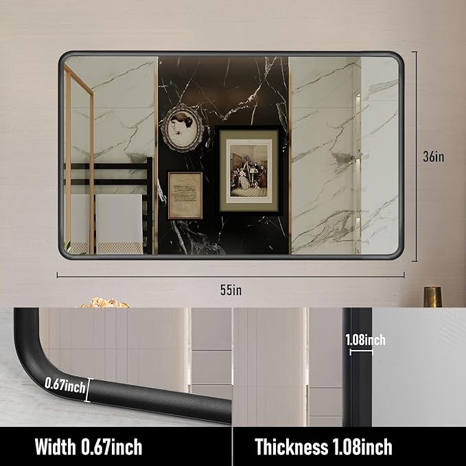 Black Framed Mirrors for Bathroom,55 x 36 Inch Rounded Conner Rectangle Mirror for Wall, Matte Black Vanity Mirror with Tempered Glass,Anti-Rust,Hangs Horizontally or Vertically