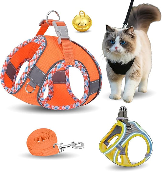 Stimulicat Cat Harness, Stimuli Cat Harness Design for Outdoor Cats, Adjustable Soft Mesh Vest Harness Escape Proof with Reflective Safety Strips, Allowing Cats to Safe (Lattice-Orange, XS)