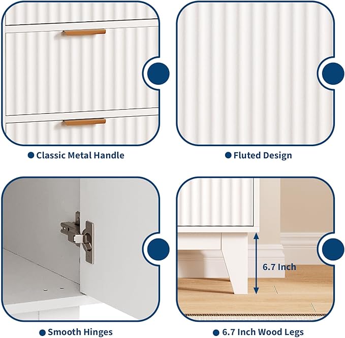 GarveeHome Fluted Buffet Storage Cabinet, 47.2 in Large Coffee Bar Kitchen Sideboard Cupboard with 3 Drawers 2 Doors for Living Room Entryway, White