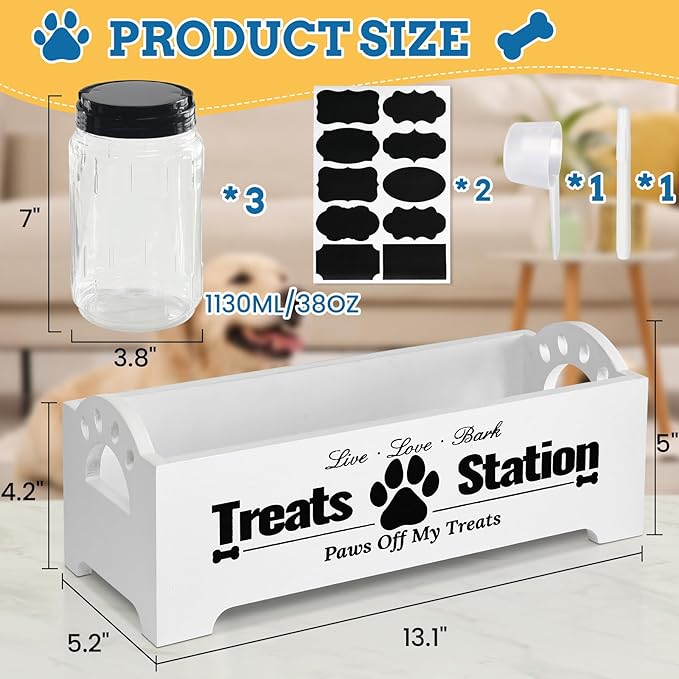 Dog Treat Container Dog Food Container for Dog Food Storage, Farmhouse Cat Food Container Pet Food Storage Organizer, Wood Dog Treat Holder with 3 Plastic Cat Dog Treat Jars, White Cat Treat Container