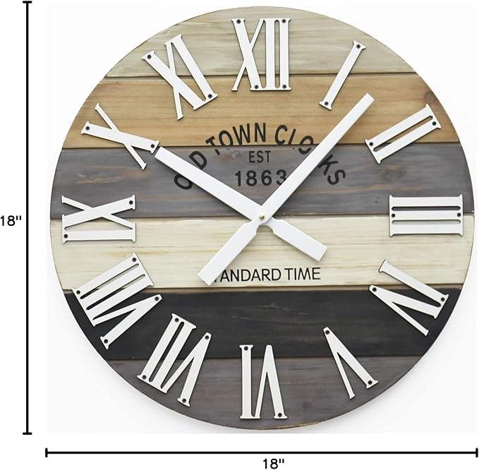 18" Wooden Multi-Color Maritime Coastal Beach Large Roman Wall Clock (Grey, 18 inch)