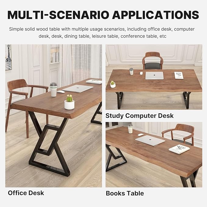 Solid Wood 55-inch Computer Desk - Large Office Desk for Home Office, Modern and Simple Design, Industrial Executive Work Table, Steady Home Office Bedroom Furniture for Study Reading Writing Dining