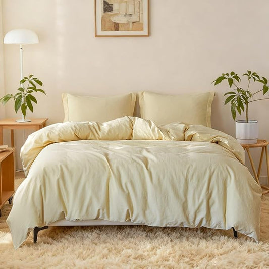 Simple&Opulence French Linen Duvet Cover Set - Twin Size(68" x 86")- 2 Pieces (1 Comforter Cover,1 Pillowcase)- Natural Flax Cotton Blend-Solid Color Breathable Farmhouse Bedding-Pale Yellow