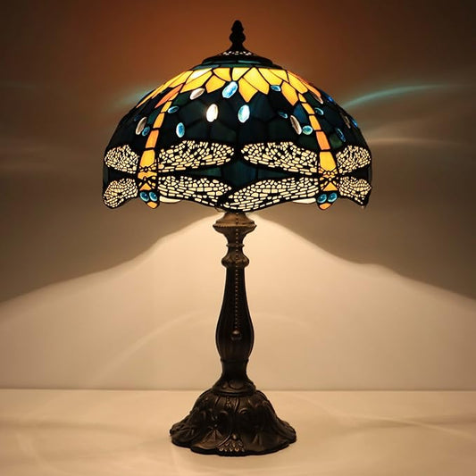 Tiffany Lamps Yellow Dragonfly Style Stained Glass Table Lamp Desk Bedside Reading Light 12X12X18.5 Inches with Bronze Resin Base Applicable to Bedroom Living Room Office