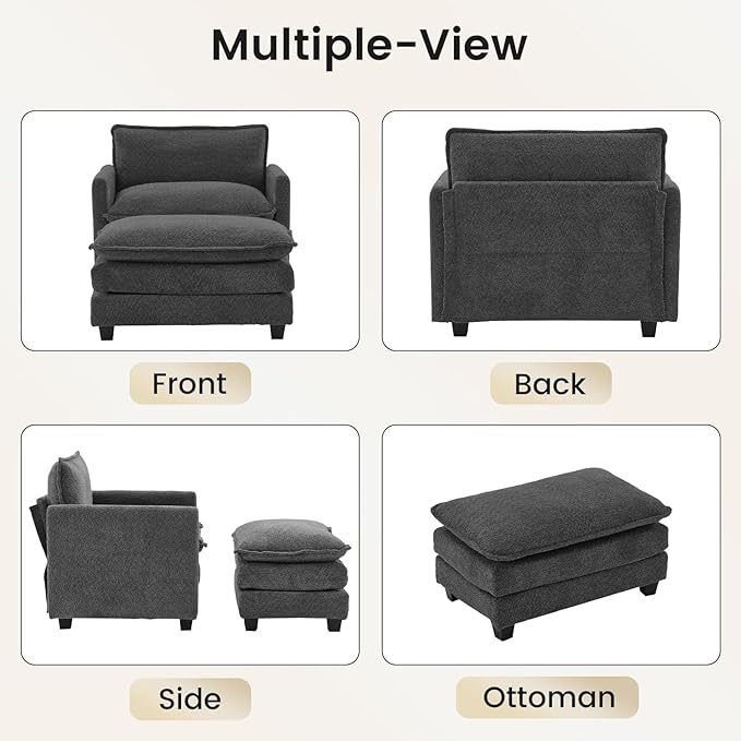 ROWHY Convertible Sectional Couch with Ottoman, Single Armchair with armrests, Modern Living Room Furniture Set, Small Couches for Small Spaces, for Living Room, Chenille, Charcoal Grey