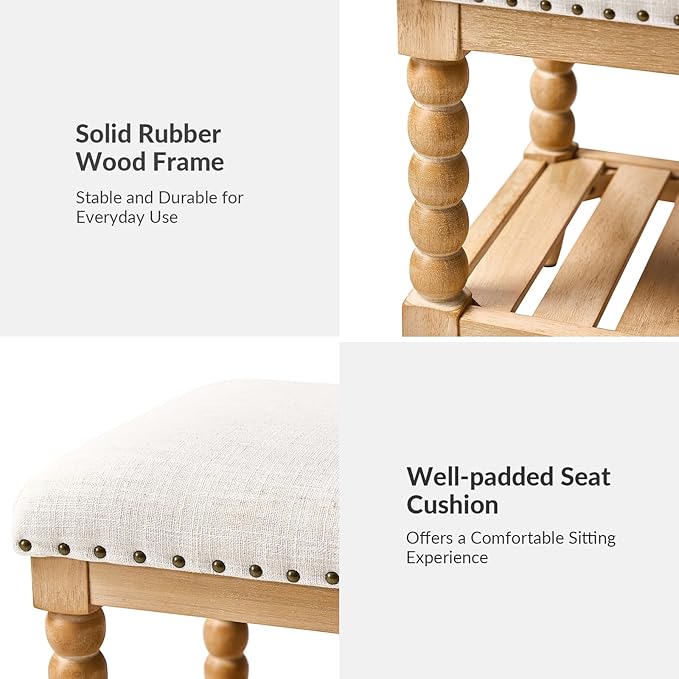 HULALA HOME Farmhouse Entryway Bench, 58" Fabric Bed Bench with Shelf, Solid Spindle Legs, Nailhead Trim Detail for Bedroom, Living Room, Hallway, Ivory