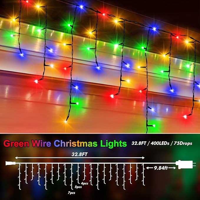 Hezbjiti 400LED Christmas Icicle Lights - 33FT Dark Green Wire with 8 Modes & 75 Drops for Outdoor Decor