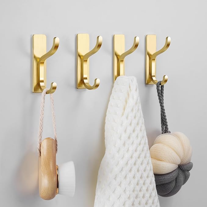 pickpiff Adhesive Wall Coat Hooks - Heavy Duty Stick-On Door Hanger, Metal Hook for Hanging Towel,Purse, Robe, Backpack, Jacket, Clothes - for Bathroom,Dorm, Closet, Kitchen - Gold, 6 Pack