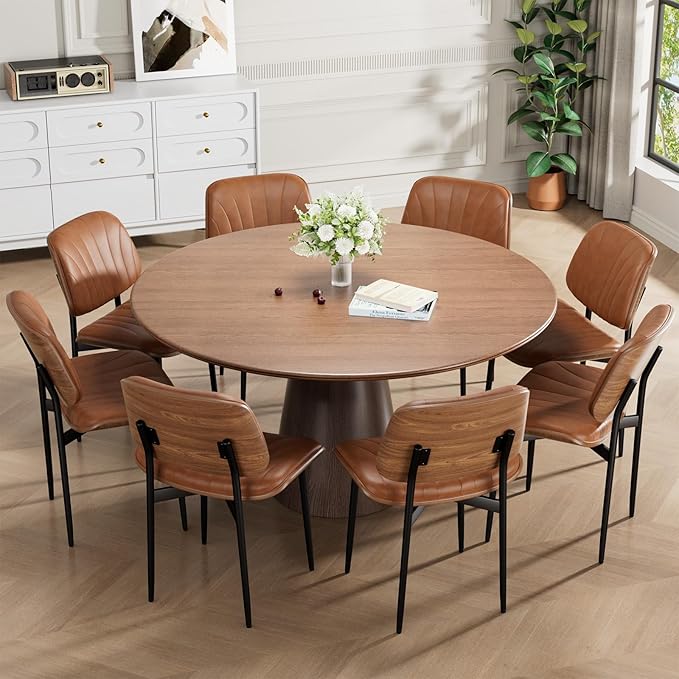 Dining Chairs Set of 6, Mid-Century Modern Upholstered PU Leather Chairs with Walnut Bentwood Back and Metal Legs Adjustable Feet for Kitchen Dining Room, Camel Shell Strips