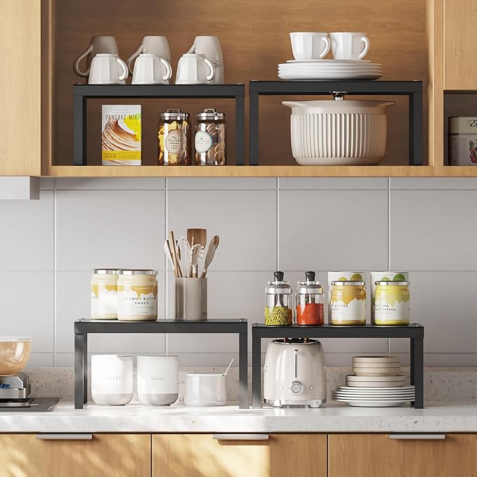 Cabinet Organizer Shelf, Set of 2 Cabinet Shelves, Stackable Metal Kitchen Counter Organizer, Adjustable Countertop Cupboard Pantry Shelf Riser Storage Rack, Black