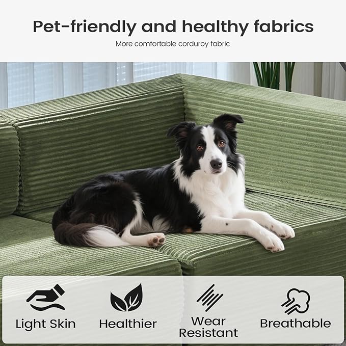 Folding Sofa Bed Convertable Corduroy Couch King Size Floor Sleeper 4-in-1 DIY Combination Modular Sofa Fold Out Futon Lounge Comfy Foldable Lazy cama for Living Room (Green)