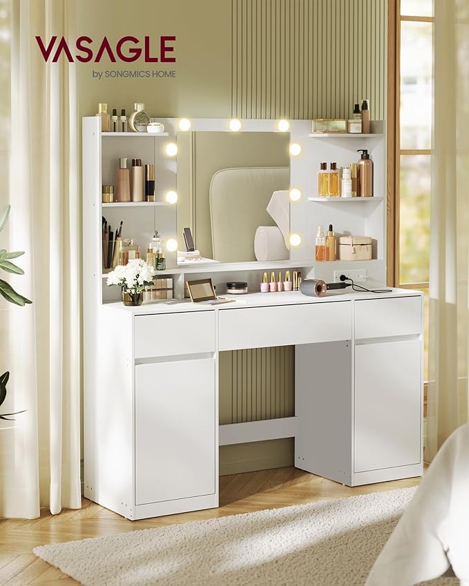 VASAGLE Kailyn Collection - Vanity Desk with Mirror and 9 LED Bulbs, Vanity Makeup Table with Power Outlets, Dressing Table with 2 Cabinets, for Bedroom, Cloud White URDT142WB01S