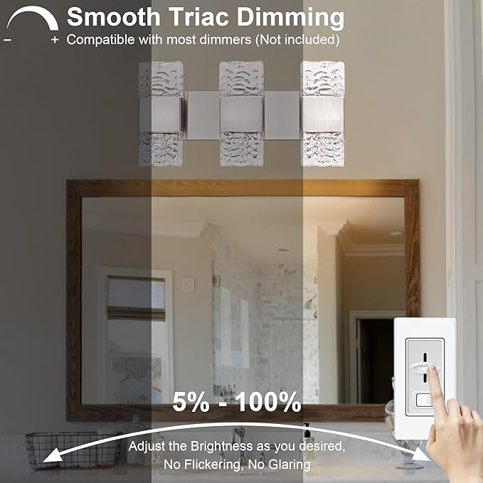 MELUCEE 3-Light Brushed Nickel Vanity Light Bar LED Bathroom Lighting Fixtures Over Mirror Dimmable Modern Wall Light with Crystal Column for Bath Restroom Powder Room, 3000K Warm Lighting