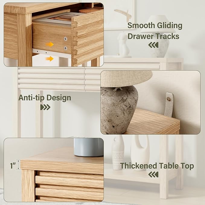 EAG 40" Fluted Console Table with 2 Drawers, Modern Wood 2 Tier Entryway Table with Storage Shelf, Narrow Sofa Tables Behind Couch for Entrance Foyer, Hallway, Living Room, Natural