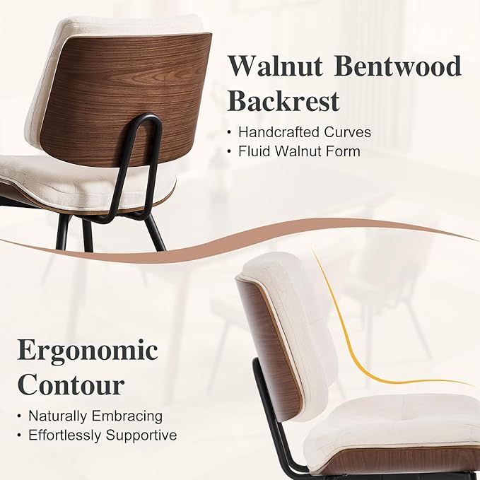 Dining Chairs Set of 4,Mid Century Modern Kitchen Chairs with Walnut Bentwood Back and Metal Legs,Upholstered Fabric Dining Room Chairs for Kitchen, Living Room,Beige