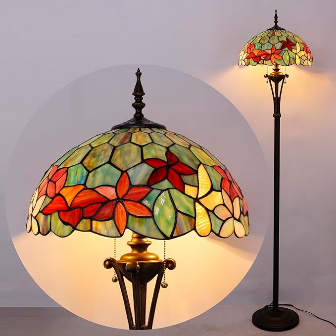 Tiffany Floor Lamp Red Yellow Green Flowers Stained Glass Standing Reading Light 16X16X70 Inches Antique Pole Corner Lamp Decor Bedroom Office Living Room