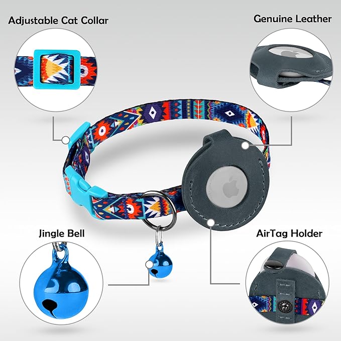 Airtag Cat Collar with Bell - Non Breakaway Soft Pet Collar with Leather Air Tag Holder - Adjustable GPS Anti-Lost Collars for Girl Boy Cats Kitten Puppies, Lightweight and Patterned (Aztec Blue)