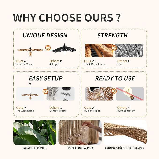 10.2''Small Natural rattan chandelier Pendant Lights -Farmhouse Boho rattan hanging lamp with Included E27 Bulb, 120V wicker pendant lamps for Dining Room Kitchen Island Bedroom living room