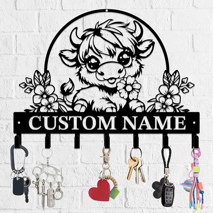 Personalized Highland Cow Metal Keys Hooks,Custom Name Metal Highland Cow Keys Hooks,Black Metal Highland Cow Wall Home Storage Decorative Keys Hooks,Key Holder Hooks for Wall (Style C)