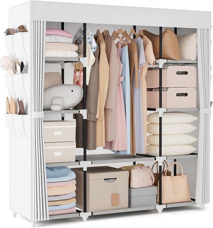 VTRIN Portable Closet Wardrobe for Hanging Clothes 57.3 Inch Large Capacity Clothes Rack with Cover, 10 Storage Organizer Shelves, 1 Hanging Rods and 6 Pockets, Free Standing Closet, White