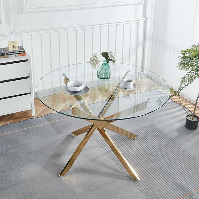 47.24" Round Dining Table for 6 8, Modern Clear Glass Kitchen Table for 6 with Gold X Metal Legs, Contemporary Circle Dining Room Leisure Tables for Kitchen Apartment