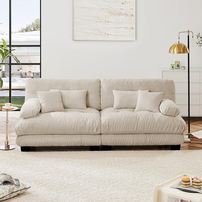 94.4” Loveseat Sofa, 2 Seater Modular Sectional Sofa, Beige Large Sectional Fluffy Couch Set, Chenille Cloud Couch with 4 Pillows, Deep Seat Sofas for Living Room