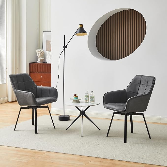 TUKAILAi Swivel Dining Chairs Set of 2, Faux Leather Upholstered Mid Century Accent Chairs with Metal Legs, Rotatable Kitchen Chair for Home Office Kitchen Restaurant (Grey)