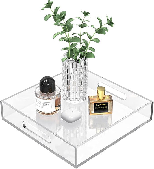 Home Decorative Coffee Table Tray, 10"x10" Elegant Acrylic Serving Trays with Handles Works for Eating, Breakfast, Makeup Drawer Organizer,Bathroom Vanity Table,Ottoman Tray, Clear