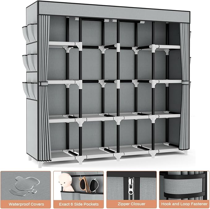 VTRIN Portable Closet, 69 Inch Wide Wardrobe Closet for Hanging Clothes, 19mm Metal Pipe,Sturdy Clothes Rack with Cover, 2 Hanging Rod,12 Shelves, 6 Pocket, Free Standing Closet for Bedroom