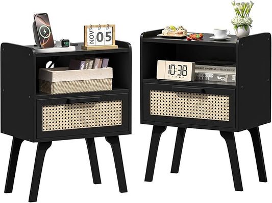 Lerliuo Rattan Nightstands Set of 2, Bedside Table with Drawer Open Shelf, Cane Accent Side End Table with Solid Wood Legs, Black Mid Century Night Stand for Bedroom, Dorm and Small Spaces