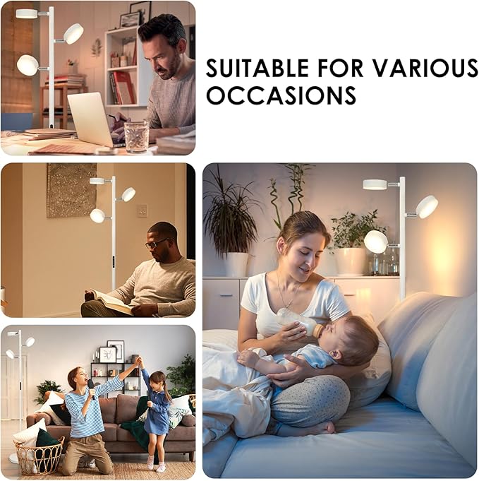 White Floor Lamp with Remote Tall Standing Lamps 30W LED Tree Floor Lamp with 3 Adjustable Heads Touch Control Timer 4 Color Temperatures Light Lamps for Living Room Office Bedroom Crafting