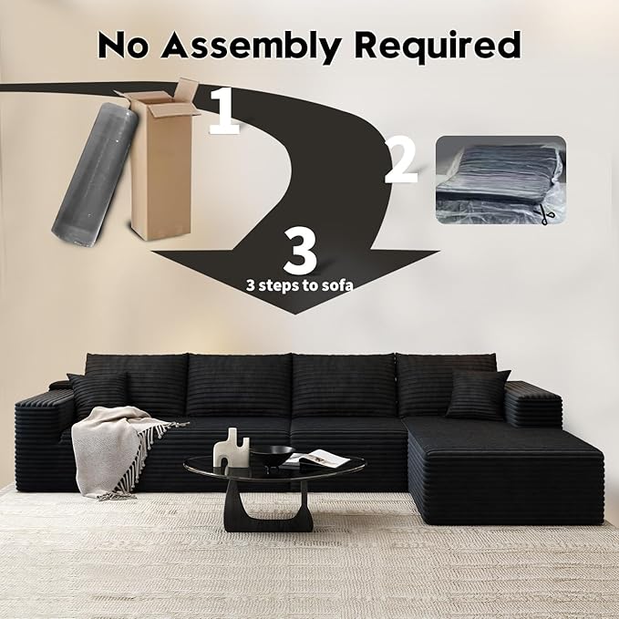 135.4" Cloud Modular Sectional Sofa Couch with L-Shape Chaise,Modern Minimalist Upholstered Couches for Living Room Bedroom,Deep Seat Corner Couch，No Assembly Required (Black,Right Facing Chaise)