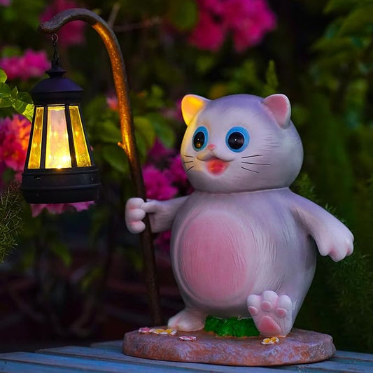 Solar Garden Outdoor Statues Cat with LED Solar Lantern Figurine for Lawn,Patio, Balcony, Yard Decor Unique Housewarming Gift, for Mom, Grandma,Father,Woman