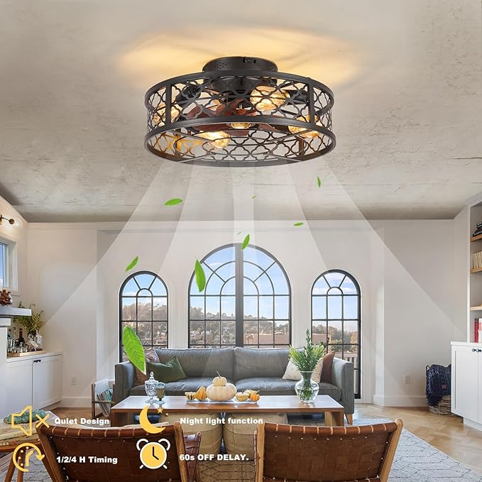 Farmhouse Ceiling Fans with Lights Remote Control,6 Speed Reversible Flush Mount Low Profile Rustic Ceiling Fan with Light with bulb 4*E26,Boho Bladeless Country Caged Ceiling Light Fixture