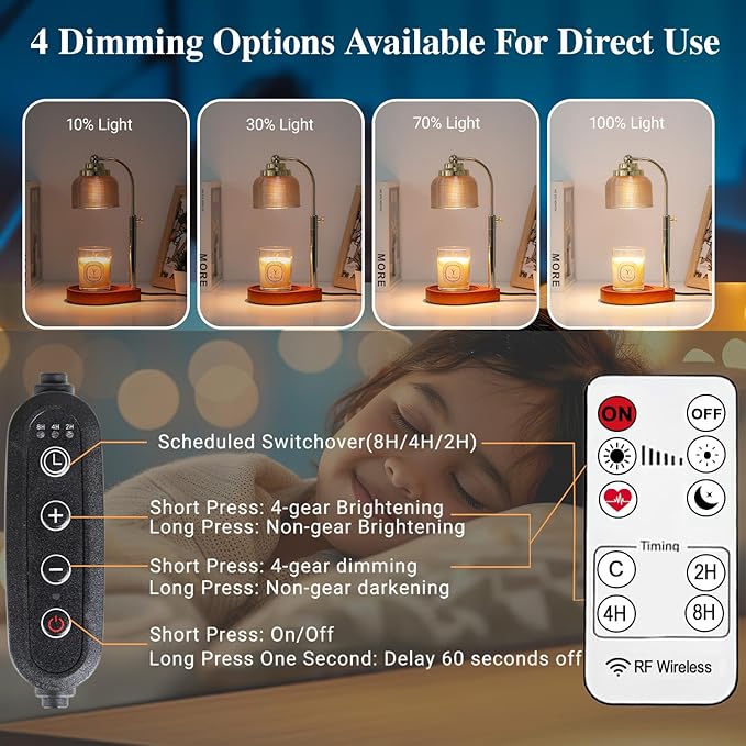 Candle Warmer Lamp Remote Control, Timer and Dimmer, Birthday Gifts for Women Mom Sister, House Warming Gifts Vintage Home Decor, Adjustable Height Wax Melt Warmer for Jar Candles with 2 Bulbs