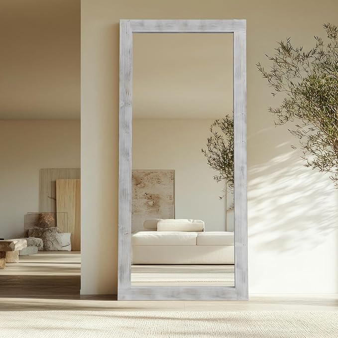 Rustic Farmhouse Full Length Mirror with Stand 71"X32" Large Wood Frame Floor Mirror, Leaning or Wall-Mounted Free Standing Mirror Tempered Glass for Bedroom Living Room, White