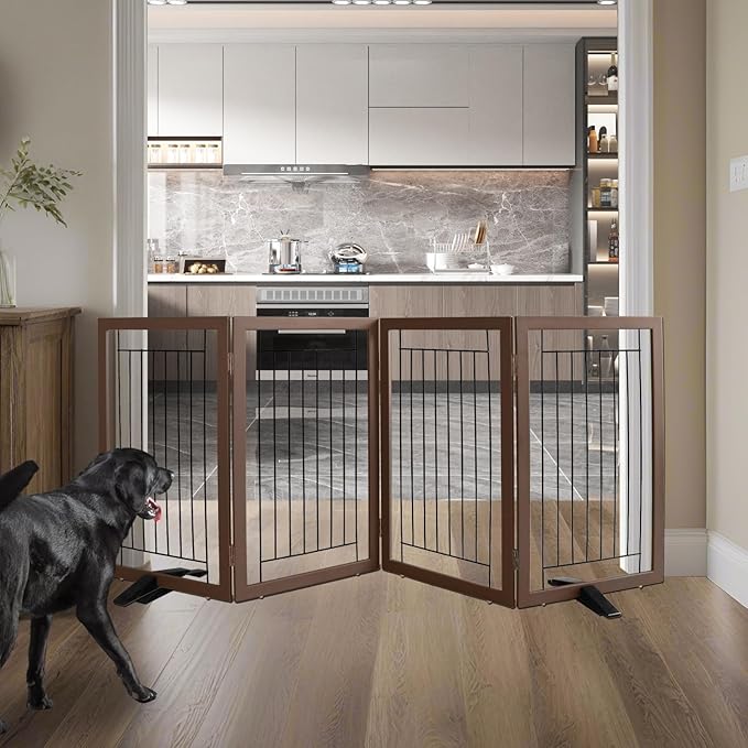 ZJSF Freestanding Dog Gate Indoor, Foldable Dog Fence for Doorways,Hallways or Stairs, Sturdy Wood Extra Wide Pet Gate with Support Feet,Brown,32 "Height-4 Panels