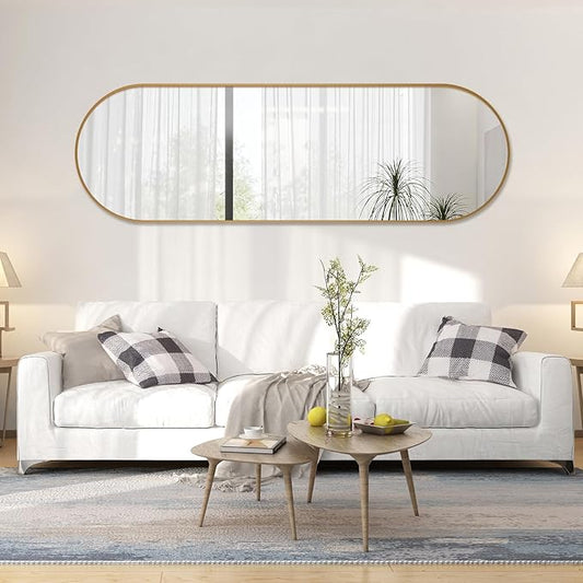 Oval Full Length Mirror, 60"×19" Wall-Mounted Mirror with Metal Frame, Ultra-Clear Explosion-Proof, Simple and Classic Deco for Cloakroom/Bedroom/Living Room, Gold